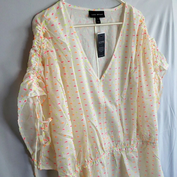 Women’s Plus Lane Bryant Bright White Orange Pink Blouse V Neck Top - Picture 2 of 13